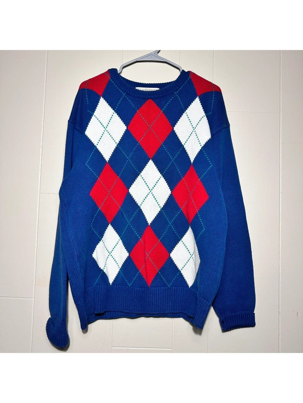 Vintage John Ashford Argyle Sweater Men’s Large Blue Red White  Preppy (C28)